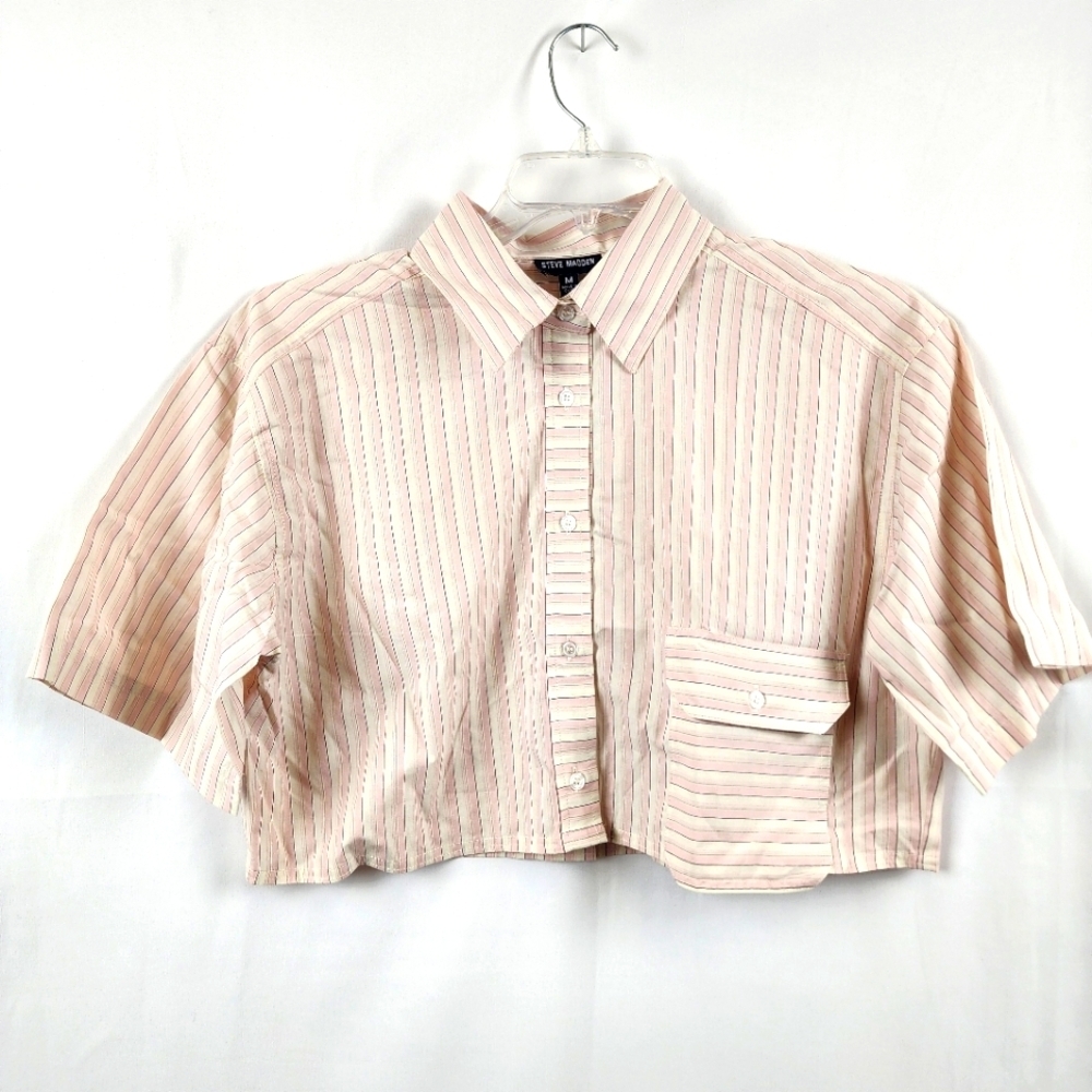 Steve Madden Pink White Black Striped Cropped Button-Up Shirt Short Sleeve Med